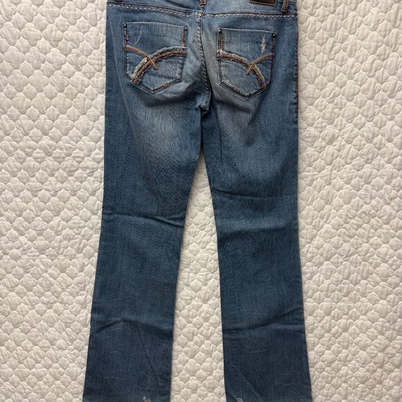 Petrol Distressed Denim Jeans 29x34 bootcut flare Low Rise Size 8 - Picture 16 of 16